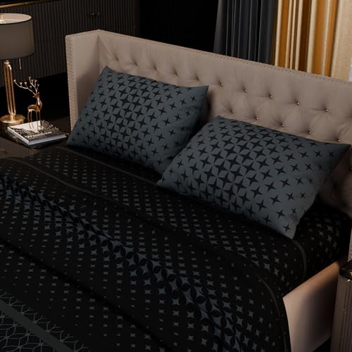 Image of Stoa Paris 100% Bamboo Cotton King Size Bedsheet with 2 Pillow Covers, 200TC Printed Bedding Set, Breathable, All-Season Comfort, Aesthetic Home Decor, Imperial Grandeur - Midnight Crest(228cmx274cm)