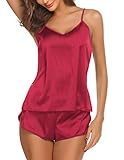 Ekouaer Womens Sexy Sleepwear Lingerie Satin Pajamas Cami Shorts Set Nightwear X,Wine Red,Small