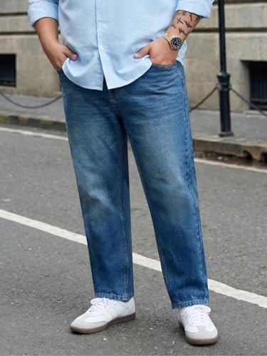 Image of Urbano Plus Men's Relaxed Fit Washed Denim Jeans Non-Stretchable