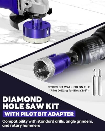 Image of 18 PCS Diamond Hole Saw Kit with Pilot Bit Adapter, 1 /4 inch- 4 inch Thickened Core Drill Bit Set, Includes Tile Shaping Cone & Wide Diamond Saw Blade, for Porcelain, Ceramic, Granite, Marble, Stone