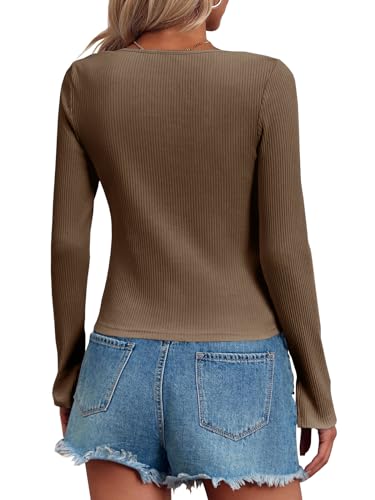 Image of Fisoew Womens Long Sleeve Tops Ribbed Crop Top Double Zip Up Cardigans V Neck Sweater Shirts Fall and Winter 2024