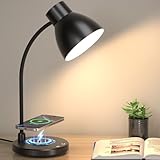 Vicsoon Desk Lamps for Home Office - LED Desk Lamp with Wireless Charger, 3 Color Modes Dimmable Eye-Caring Study Reading Desk Light, Small Flexible Arm Table Lamp for College Dorm Room Bedside, Black