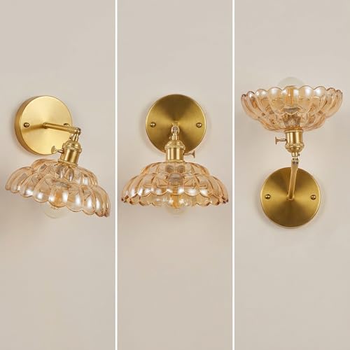 Image of Industrial Style Amber Glass Wall Lights Bedside Lamp with Brass Socket Compatible with E26 /E27 Bulbs 110V /120V Hardwired Wall Sconce with Switch