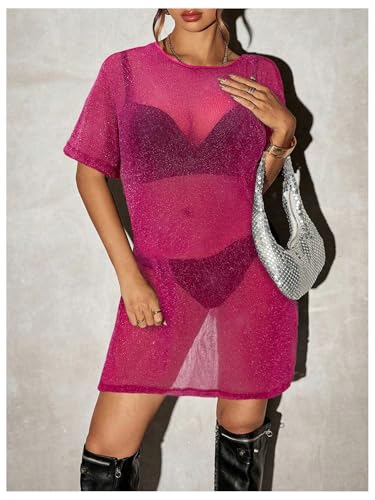 Image of Floerns Women's Glitter Sparkly Short Sleeve Sexy Party Dress Sheer Mesh Loose Club Rave Concert Festival Short Dress