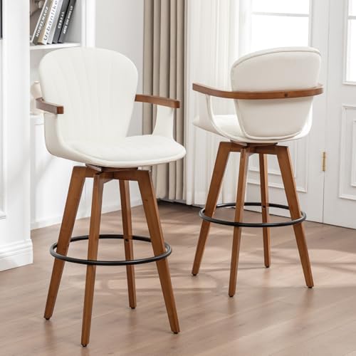 Image of LUNLING 30 inch Bar Height Stools Set of 2,Mid Century Modern Bar Stools White PU Leather Kitchen Island Stools,Wood High Barstools Swivel with Back and Arms for Home Bar Furniture