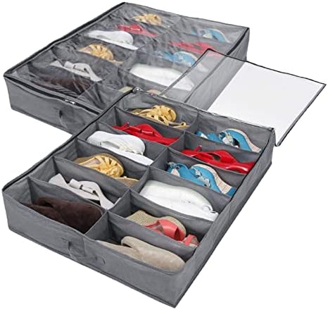 Under Bed Shoe Storage Organizer-Set of 2, Under Bed Shoe Storage Box with Lid Fits 24 Pairs Total - Clear Foldable Underbed Storage Solution Gray