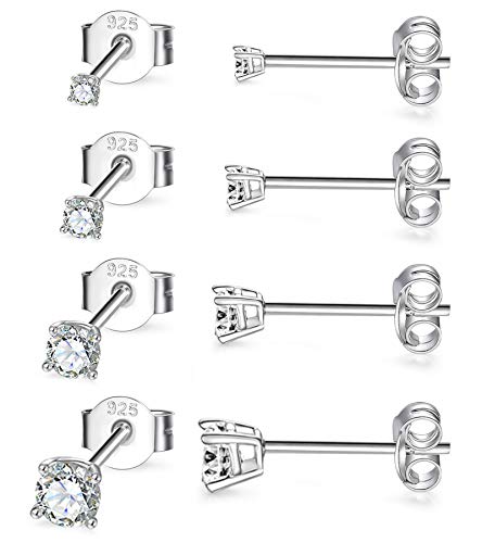 Sterling Silver Stud Earrings for Women Men- 4 Pairs of Hypoallergenic Small White Gold Plated Cubic Zirconia Cartilage Earrings Jewelry Sets (2mm/3mm/4mm/5mm)