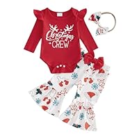 Kuriozud Newborn Baby Girl Christmas Outfit Ribbed Romper Bodysuit Flare Pants Set Cute Infant Girl Clothes (Christmas crew red, 6-12 Months)