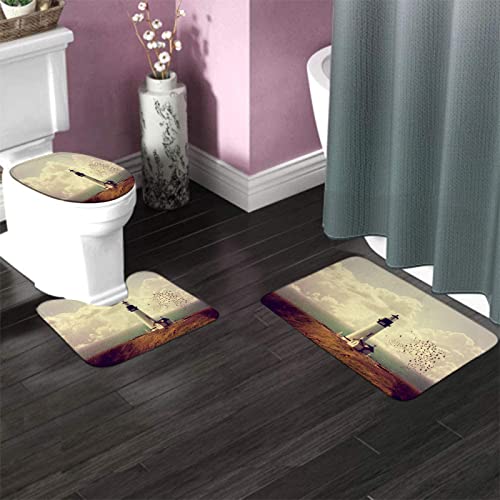 Badezimmerteppich-Set, 3-teilig, Meereslandschaft, Leuchtturm und Möwe am Meer, bewölkter Himmel, waschbare Badeteppiche, rutschfest, mit Rückenpolster, Konturteppich und Toilettendeckelbezug – Bild 3