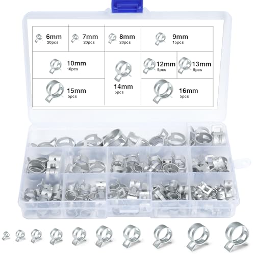 REJOECE 110 Pezzi Fascette Stringitubo a Molla, 6/7/8/9/10/12/13/14/15/16 mm Clip per Tubo Flessibile per Carburante, Morsetto a Molla, Morsetti per Tubi Flessibili per Tubo Di Vuoto(argentato)
