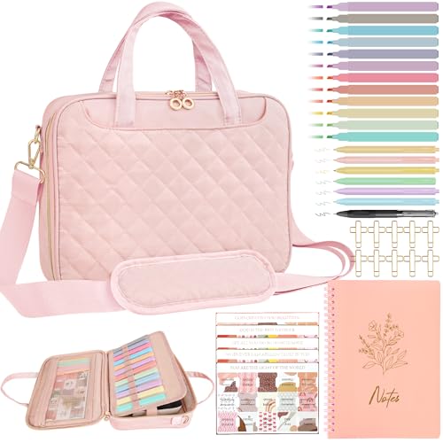 PUGPIU Bible Cover Case for Women Large Quilted Bible Bag with Shoulder Strap and Handle Bible Study Supplies Journaling Kit with Highlighters Pens No Bleed Tabs Notebook Cross Clips (Pink)
