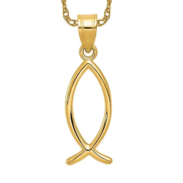 14K Solid Yellow Gold Ichthus Fish Symbol Necklace Religious Chain Pendant Christian Jesus Christ Charm