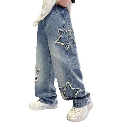 Rolanko Vaqueros Baggy Cargo para Niños Jeans Skater con Cintura Elástica y Multi-Bolsillos Pantalones Denim Vintage Bootleg Streetwear para Niños, Azul Denim Vintage, Talla: 150/10-11 Años