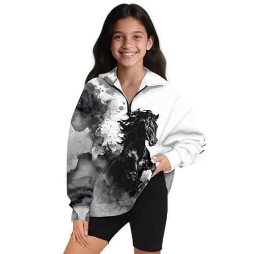 Binienty Sudaderas con media cremallera para niñas, talla grande, camisas de manga larga, chaqueta con cremallera de un cuarto, Caballo de pintura de tinta negra, 9-10 años