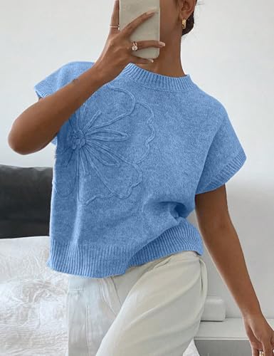Image of 2026 Womens Floral Sweater Vest Cute Cap Sleeve Tops 3D Flower Decor Knit Tank Top Loose Spring Fall Summer Clothes