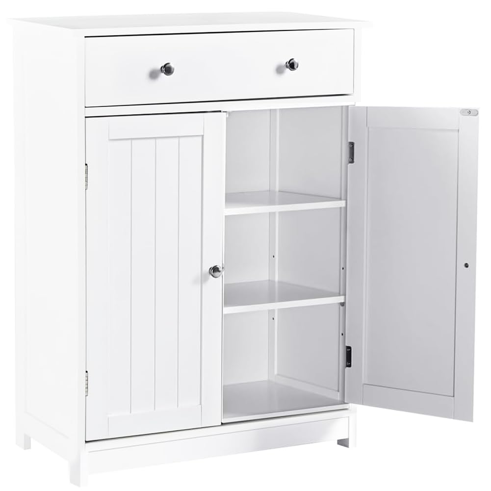Shally Dogan Armadietto da Bagno Autoportante in Legno Bianco, Mobile Armadio da Terra Multiuso con 1 Cassetto e 2 Ante, Mobiletto per Casa, Cucina, Salone, Salotto, Ingresso, Ufficio, Maniglie Silver
