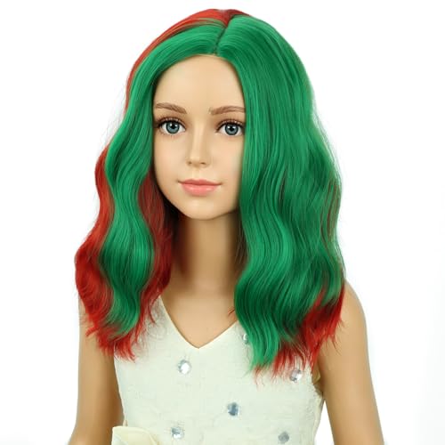 Image of PATTNIUM Red Green Wig for Kids Girls Short Red and Green Wigs Side Part Shoulder Length Wavy Heat Resistant Synthetic Wig