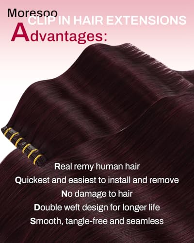 Image of Moresoo Dark Red Hair Extensions Clip ins Human Hair Short 10 inch 80g | Clip in extensions real human hair, 5pcs, remy human hair, straight texture, lightweight design for short daily styles