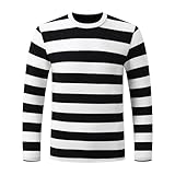 Sthisomo Men's Classic Long Sleeve Striped Crewneck T-Shirts (Large, Black/White)