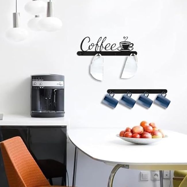 Coffee Mug Holder Wall Rack, Mug Rack Wall Mounted with 16 Heavy Duty Hooks, Storage Metal Cup Organizer Display Coffee Cups Sign for Kitchen Bar, Set of 4, Black