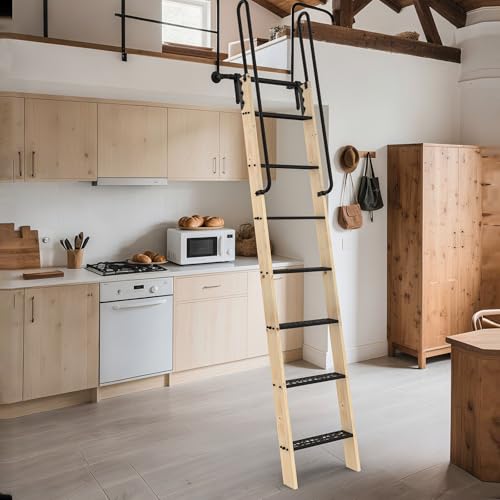 LKCBITION 84inch Knotty Pine Wood Library Ladder with Black Metal Step & Extended Handle and 24inch Rustic Black Wall Mount Pipe Railing with Hooks(Suitable Installation Height 82-3/8