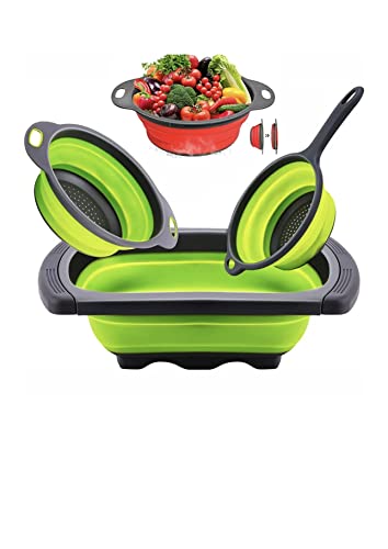 Collapsible Colanders - Set Of 3, Adjustable Over The Sink Silicone Foldable Round Fruits, Vegetable, Food Draining Colorful Baskets And Pasta Strainer With Handle For Kitchen - 6/4/2 Quarts (Green) #TOP23