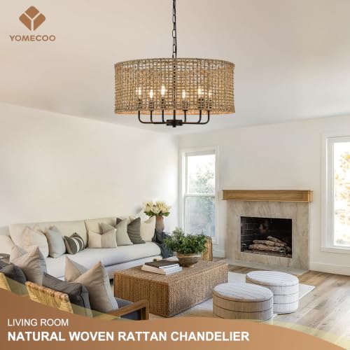 Image of 23.6 inch Large Rattan Chandelier, 6-Light Black Wicker Light Fixture