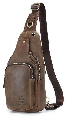 Image of Mens Sling Bag Genuine Leather Crossbody Bags for Men Small Sling Chest Backpack Casual Man Bag Hiking Outdoor, Coffee