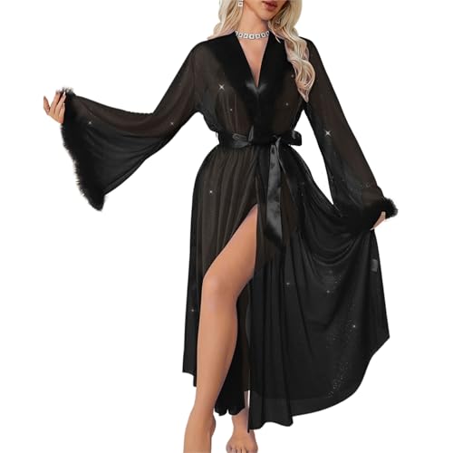 Clobeau Womens Sparkly Tulle Robe with Feather Trim Long Sleeve Belted Kimono Robe Sexy Sheer Mesh Fur Nightgown Bathrobe (US Alpha One Size Regular Regular Black)