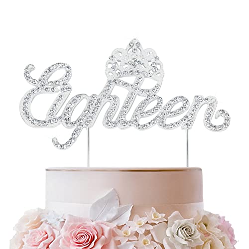 LINGTEER Eighteen Birthday Cake Topper with Crown Sign | Silver Bling Crystal Rhinestone Birthday Keepsake | Happy 18th Birthday Party Decorations Gift Supplies