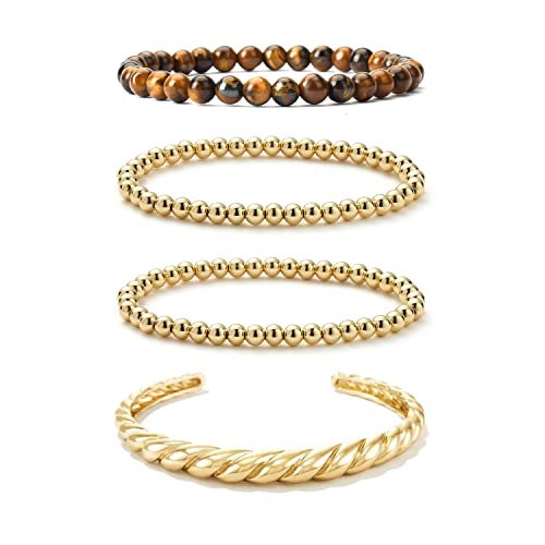 Starain 4 Pieces Gold Beaded Ball Bracelets For Women Girls Dainty Twisted Chunky Cuff Bangle Stackable Elastic Gold Bead Ball Bracelet Set #TOP15