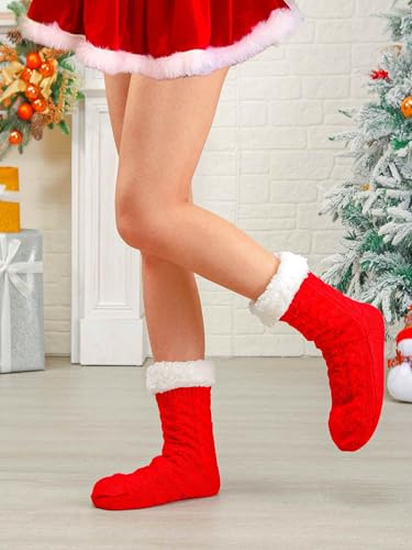 Image of Winter Warm Slipper Socks Non Slip House Socks Red Fuzzy Christmas Socks for Women