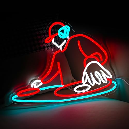 Image of DJ Player Neon Sign Bar Neon Light Wall Decor 16.5 * 12.6 Inch LED DJ Light Up Sign for Bar Club Live Music Concert Bedroom Party Neon Decor (USB Dimmable)