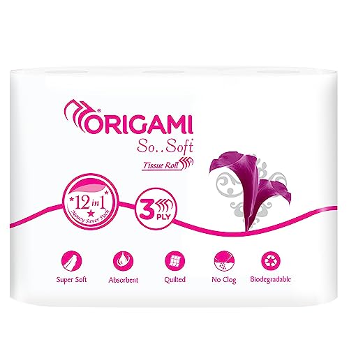 Origami 3 Ply Soft And Highly Absorbent Toilet Tissue Paper | 100% Natural Virgin Cellulose Fiber - Pack of 12 (140 Pulls Per Roll, 1680 Sheets)
