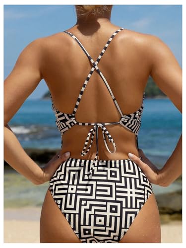 Floerns Women's One Piece Swimsuit Geo Print Criss Cross Tie Back Tummy Control Beachwear3
