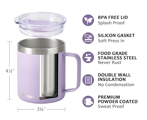 Image of SUNWILL Travel Coffee Mug with Lid, Insulated Tumbler with Handle, 14 oz Stainless Steel Cup for Home, Office, Camping, Powder Coated Orchid