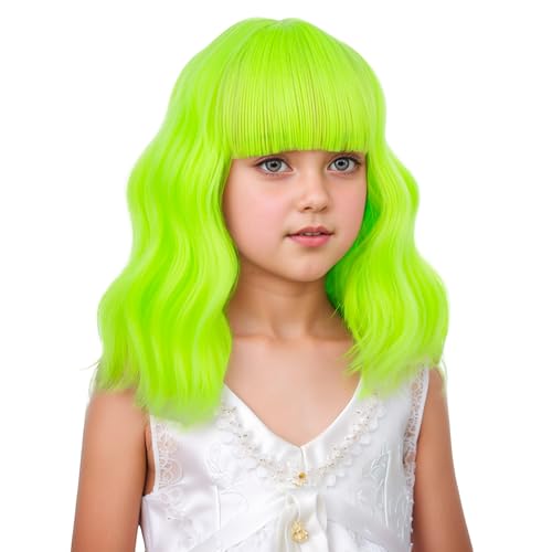 Image of Lime Green Wig Short Neon Green Wavy Curly Wig with Air Bangs Heat Resistant Synthetic Wigs with Cap (Small Size)