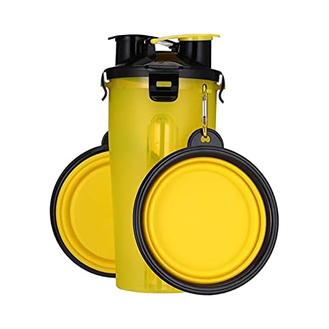 2 in 1 Pet Travel Water Bottle Foldable Dog Feed Bowl Drink Cup Food Container Silicone Outdoor Portable Dog Cat Feeder,Yellow Cover