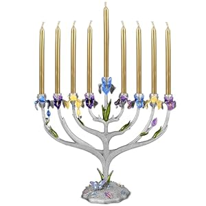 Zion Judaica Artistic Iris Flower Menorah with Intricate Details Unique Floral Hanukkiah Fits Standard Chanukah Candles 75 Alloy Zinc Minorah Hand Painted Botanical Hanukkah Candleholder Gift Boxed