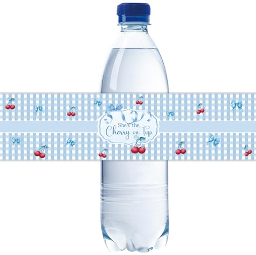 Étiquettes bouteille d'eau anniversaire et EVJF avec nœud bleu et motif cerise chic x32