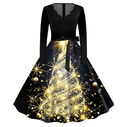 Weihnachtskleid Damen Weihnachten Kleid Elegant Langarm Vintage Rockabilly Cocktailkleid Weihnachts Druck Kleider Damen Festlich Partykleid A-Linie...