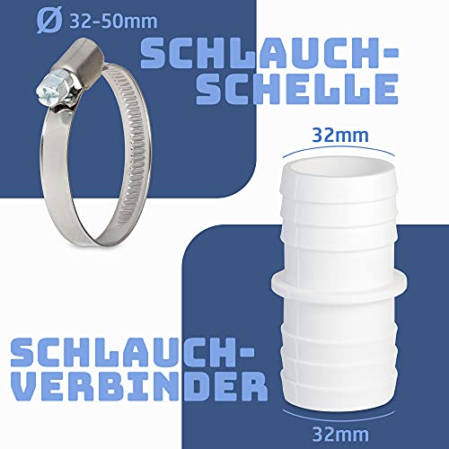 Villkin 2 x hose connectors with 4 x hose clamps for the pool hose nozzle, pack of 2 (32 mm x 32 mm, white) - Image 4