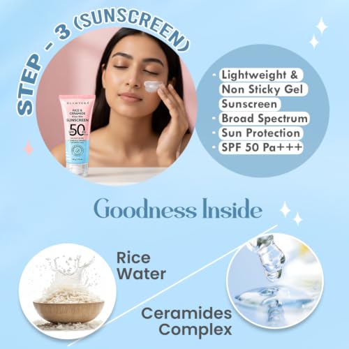 Image of Glamveda Korean Rice & Ceramide 3 Step Daily Skincare Routine | Face Wash, Serum & Sunscreen | For Clear, Glass Korean Skin Brightening & Hydrated Skin | For Men & Women
