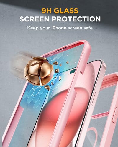 Image of Miracase Magnetic for iPhone 15 Plus Case 6.7'' [Compatible with Magsafe] Full-Body Military Drop Proof 15 Plus Phone Case Cover with Built-in 9H Tempered Glass Screen Protector,Magnetic Pink