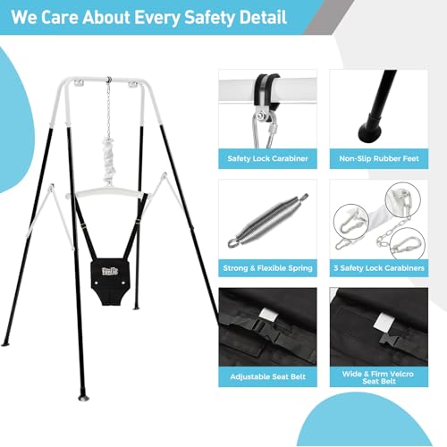 Image of FUNLIO 2 in 1 Swing Set for Toddler & Baby Jumper, Heavy Duty Kids Swing & Bouncer with 4 Sandbags, Foldable Metal Stand for Indoor /Outdoor Play, Easy to Assemble and Store - Black