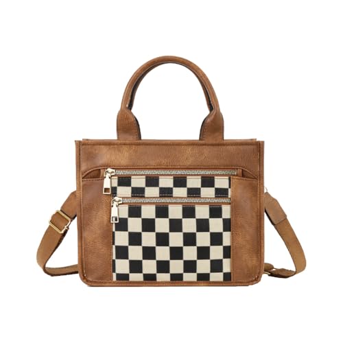Huwzder Checkered Crossbody Bag Vegan Leather Shoulder Purse Plaid Slouchy Tote Handbags for Women (Brown)