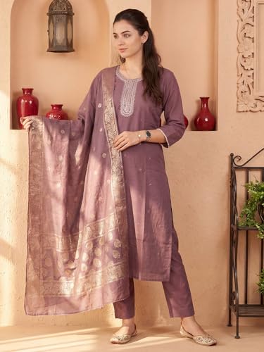 Image of INDO ERA Women's Viscose Self Design Straight Kurta with Pant & Dupatta Set