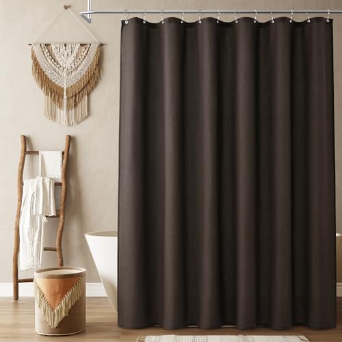 Naturoom Chocolate Brown Linen Shower Curtain Country Boho Farmhouse Bath Decor Shower Curtains Neutral Cloth Weighted Textured Fabric Bath Curtain Liner with Hooks 72x72