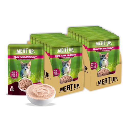 Image of Meat Up Kitten Cat Wet Food 16 Pouches x 50g, Total 800g | Real Tuna in Gravy | Supports Heart & Vision Health | Strong Bones & Teeth | Natural Flavours | Organic Minerals & Vitamins