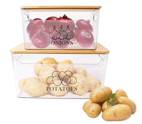 ZoeQide Caja Para Guardar Patatas, Juego de 2 Botes Cocina Almacenaje, Organizadores Cocina Con tapa bambú y madera,Botes Legumbres, Para Patatas, Cebolla, Libre de BPA Organizadores